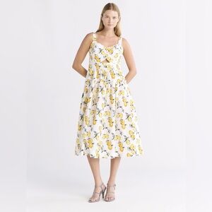 Free Assembly Women's Ruched Cutout Cotton Midi Dress Lemon Print White Sundress